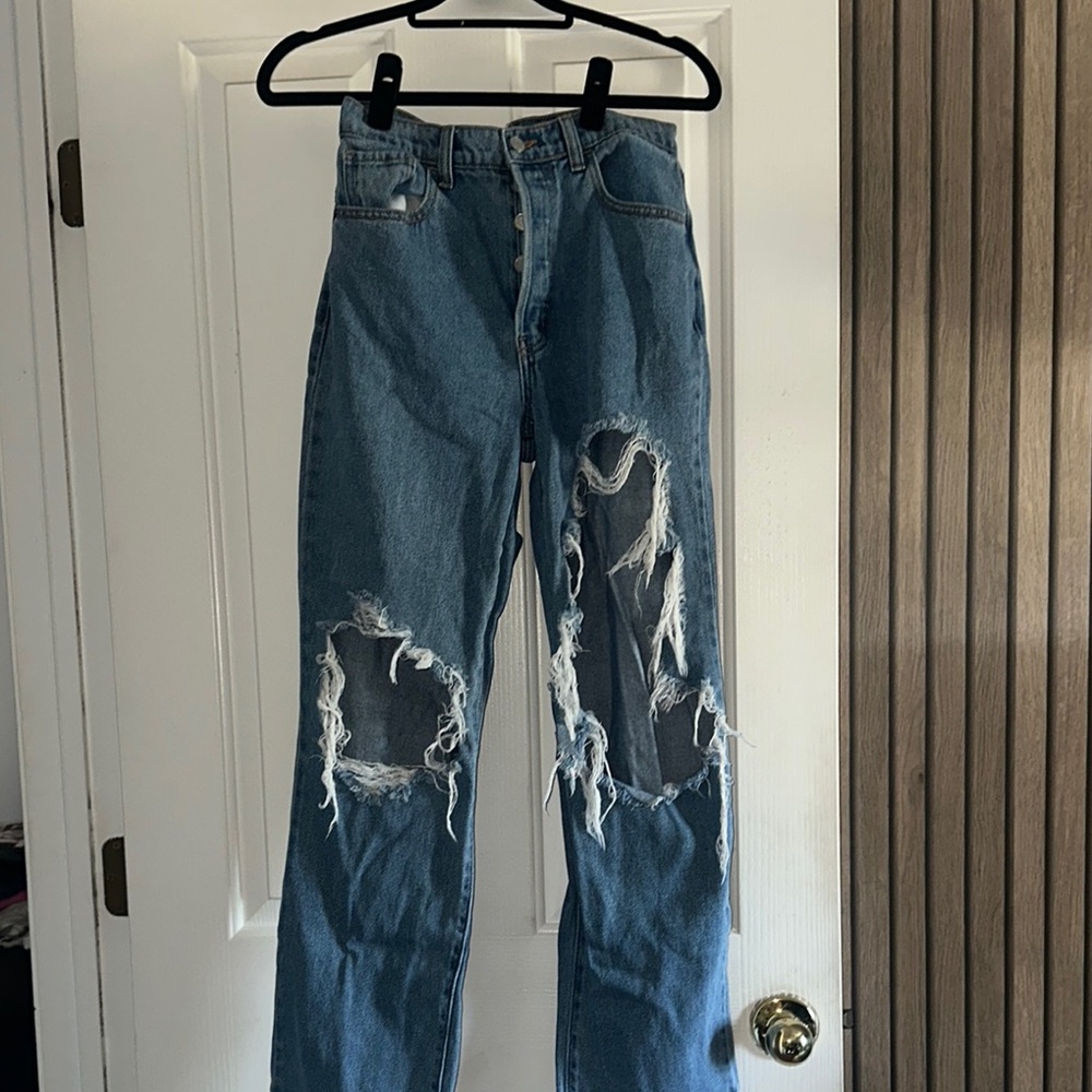 Fashion Nova Blue Distressed Flare Jeans